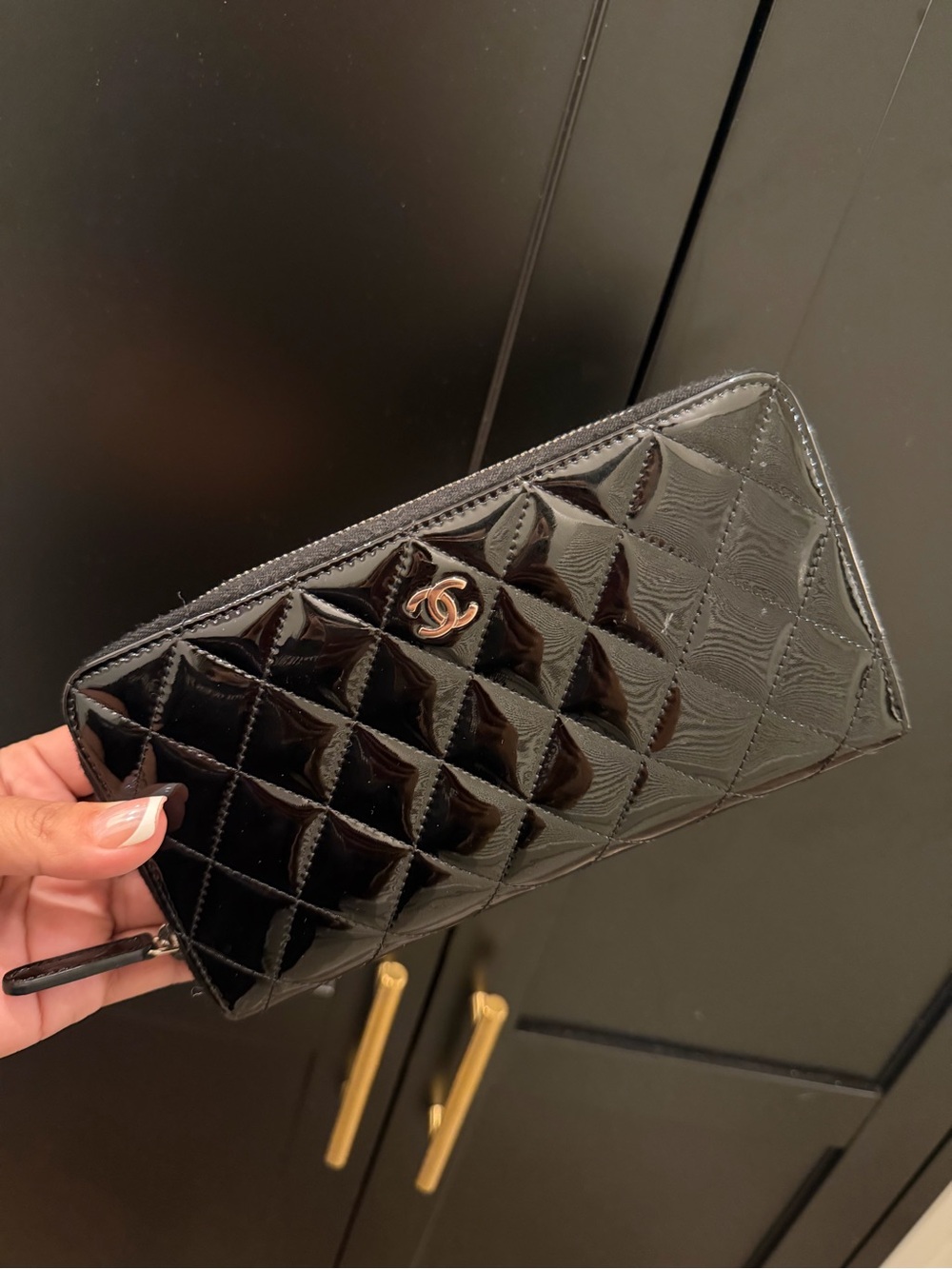 CHANEL Black Quilted Patent Zip Wallet with CC Logo
